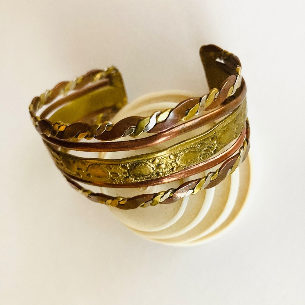 Vintage 1990s multi strand Copper Brass Hammered Energy Bracelet Braided Mixed